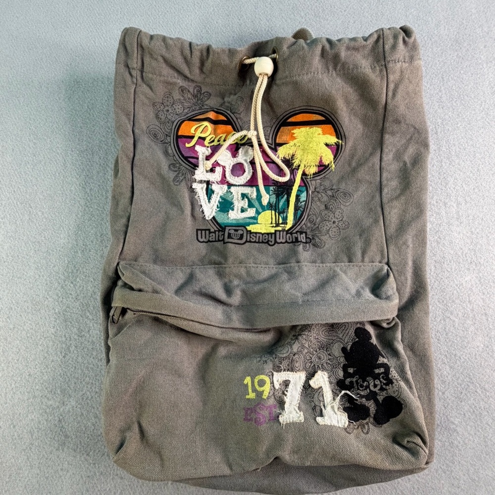 Disney Parks Walt Disney World 1971 Gray Peace Love Backpack Mickey Mouse READ